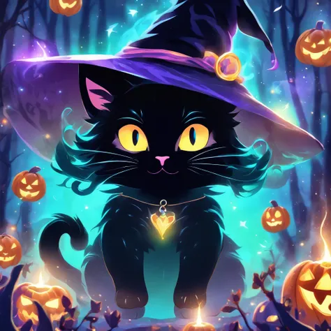 (best quality,highres,ultra-detailed,realistic:1.2),black cat witch,spellcasting,adorable black cat,witchcraft,magical masterpiece,spells,feline magic,witchy vibes,halloween,cat familiar,pumpkin,cauldron,magic wand,enchanted,moonlit night,witch hat,potion ...