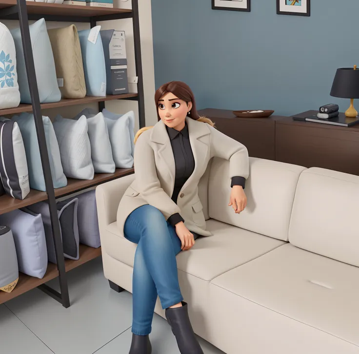 Uma mulher branca de cabelos preto e comprido, sentada em um sofa de cor clara, ao lado de uma prateleira com almofadas, no estilo Disney Pixar, em alta qualidade