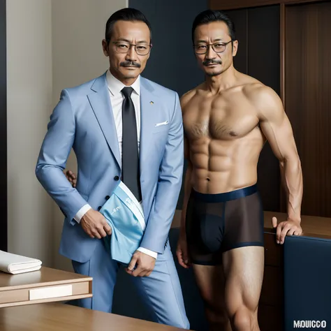 aged 40，Hidetoshi Nakata ，（Kogoro Mouri 1.3），Two skinny men together，Naked upper body，Thick body hair，Crotch contour，Wear light blue sexy briefs，with mustache，tmasterpiece，k hd，black long socks，the feet，Business suit，wears glasses