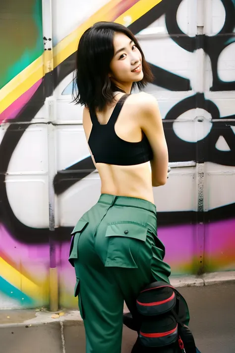 asian skater girl, 90s vibe, short hair, back alley, crop top with logo, cargo pants, sneakers, highly realistic, 20yo, small ti...