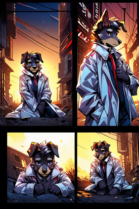 (Man in a trench coat)comic strip、Anthropomorphic Schnauzer Dog、cyberpunked