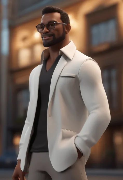 personagem dos desenhos animados de um homem com topete e barba, cabelos pretos, with black glasses and a white shirt, with light gray jacket and pants and white sneakers, em um palco, animation character, Caractere estilizado, animation style rendering, 3...