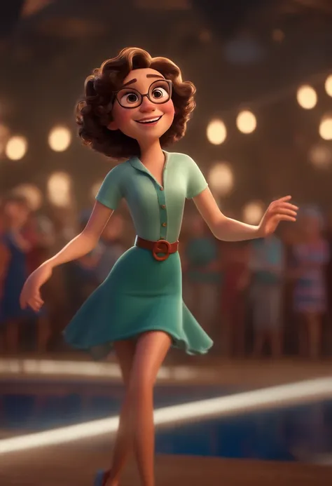 Pixar style image with 3D character white glasses brunette woman short curly hair dancing, Maquiagem Disney,Pescador, bonitinho, sorridente ,Close-up, Pixar, Disney, Cinema lighting,