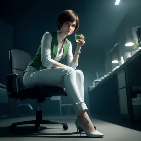 Best quality, short  hair, white jeans, beautiful face, shy expression, green vest