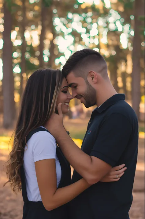 There is a man and a woman who are together in the forest, retrato de casais, pose de casal, retrato de casal, casal sorridente, casal se beijando, par, Homem e mulher apaixonados, sorrindo um para o outro, imagens de retrato lateral, Foto de perfil, Casal...