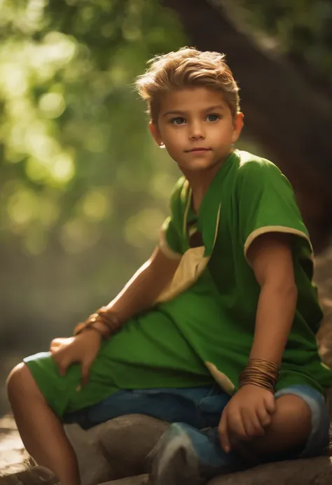 Menino feliz de 10 anos comendo com camiseta verde do zoro cabelo curto castanhos no stilo disney