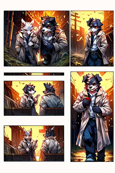 (Man in a trench coat)comic strip、anthropomorphic  dog、cyberpunked