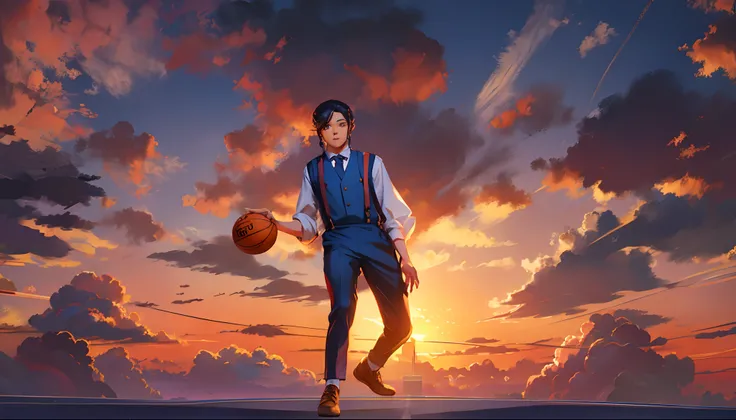 the sunset，eventide，middle parted hairstyle，Suspenders，Five fingers are normal and clear，Put your feet on the ground，Two hands，Two feet，basketball ball