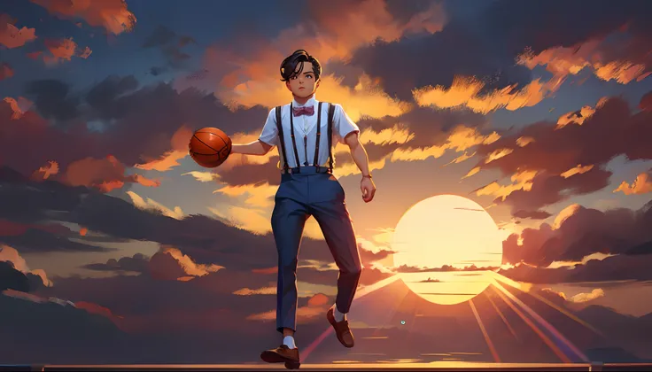 the sunset，eventide，middle parted hairstyle，Suspenders，Five fingers are normal and clear，Put your feet on the ground，Two hands，Two feet，basketball ball，Boy student