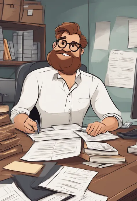 Crie um personagem estilo Disney PIXAR, de um homem com barba muito curta, cabelo careca raspado, camisa preta, imagem profissional, of an accountant working in his office using a notebook with papers and pens on the desk, with pictures on the walls and wi...