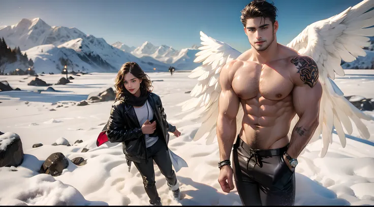 1 man, alone, young handsome man, Latin mulatto skin, attractive features, tan tone skin, dark blue eyes, friendly expression, huge white wings coming out of his back, wings of one angel, physical fitness, mans long haircut medium, black brown hairstyle, s...