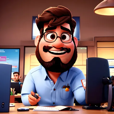 Pixar style image, brown haired man with slightly overweight beard working in a telecom office, segurando um celular e fazendo joinha