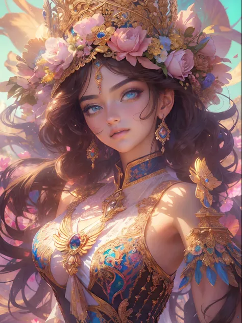 This artwork is colorful and exciting with lots of action and visual interest. Generate a strong and proud woman dressed in intricate and ornate circus garb and realistic skin and hair texture. Her eyes are beautiful and realistically shaded and her face i...