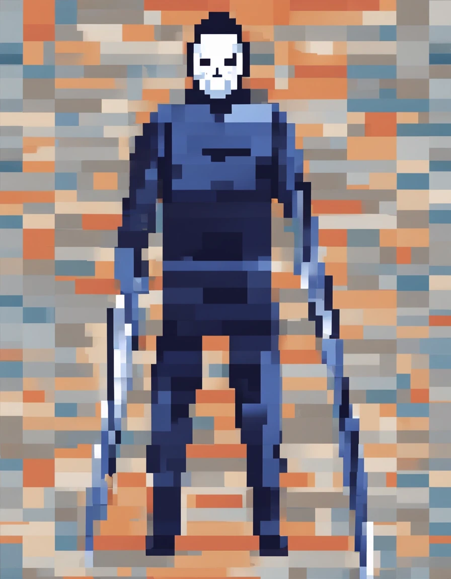 Crie uma imagem pixelada de Michael Myers, Highlighting his iconic blue jumpsuit and white mask, with a knife blade