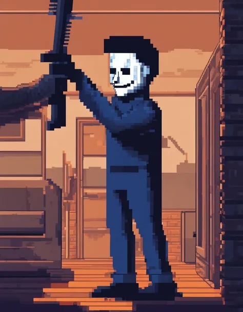 Crie uma imagem pixelada de Michael Myers, Highlighting his iconic blue jumpsuit and white mask, with a knife blade