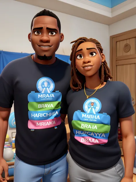 An African man with shaved head, uma mulher brasileira branca de cabelos lisos, ambos de camisetas pretas, com fundo para a sala de estar de uma casa, no estilo disney pixar 3d, highes definition, alta qualidade