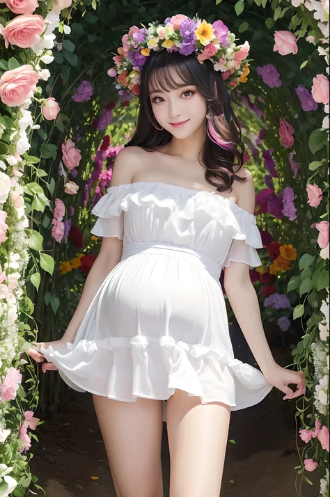 ((1 schoolgirl,Pregnant,Maybe photoreal,White off-the-shoulder T-shirt,a miniskirt,large full breasts,Photograph the whole body,thighs thighs thighs thighs,The biggest smile staring at the camera,Big smile,Looking at the camera)),((((Flower Arch,Flower Tun...