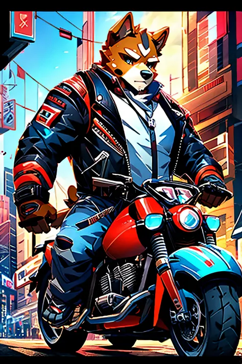 (Man riding a big motorcycle)comic strip、anthropomorphic  dog、cyberpunked