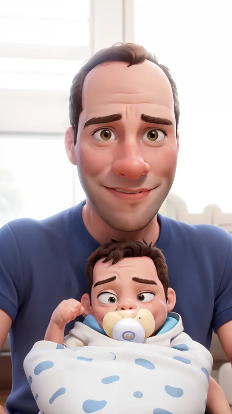 Obra-prima, de melhor qualidade,a boy with a baby on his lap with a pacifier in Disney style