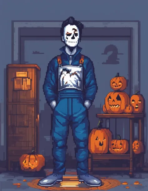 (best quality,realistic:1.37),pixelated image,Micheal Myers,iconic,blue overalls,white mask,knife blade,highlighting,focusing on Michael Myers,character,standing,sinister pose,dark background,tense atmosphere,horror theme,retro aesthetic,low resolution pix...