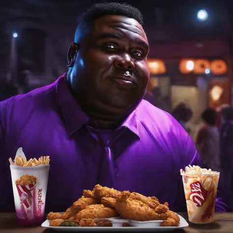 black fat man eating kfc in the night with a purple light