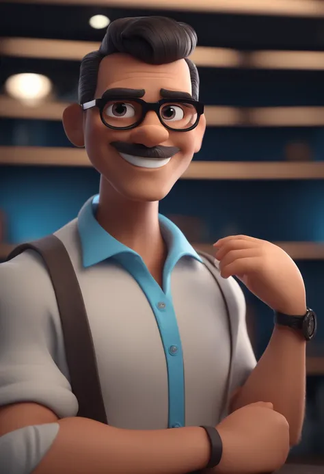 Cartoon character of a man with black glasses and a blue shirt, animation character, Caractere estilizado, animation style rendering, 3D estilizado, Arnold Maya render, 3 d render stylized, toon render keyshot, Personagem 3D, Personagem 3D, 3d rendering st...