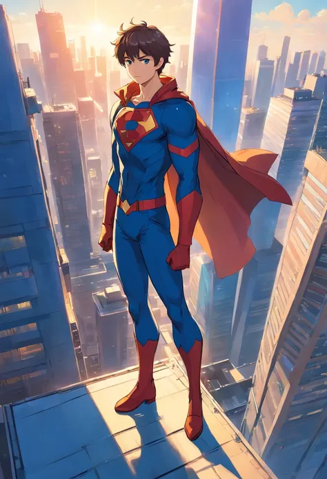 A male superhero standing, olhando para a frente. Ele usa uma roupa azul justa com uma letra C amarela no peito. He also wears a blue cape that floats behind him. Ele tem cabelos pretos curtos e olhos azuis. The background of the image is a modern city, wi...