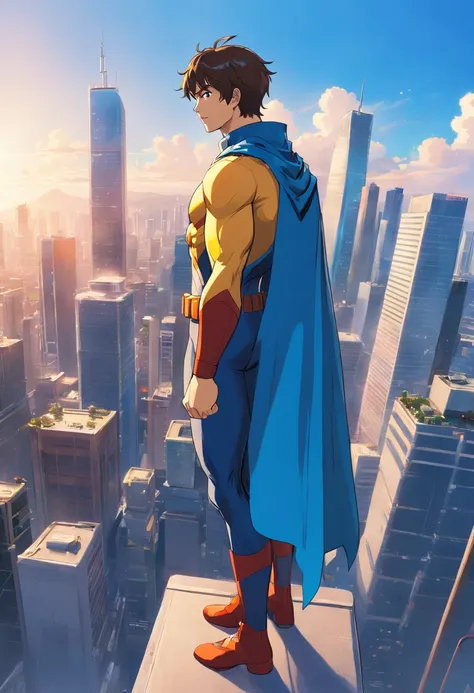 A male superhero standing, olhando para a frente. Ele usa uma roupa azul justa com uma letra C amarela no peito. He also wears a blue cape that floats behind him. Ele tem cabelos pretos curtos e olhos azuis. The background of the image is a modern city, wi...