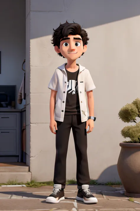 Obra-prima, de melhor qualidade, A white boy with wavy black hair and brown eyes being a teenager wearing a Jordan and wearing black pants, a black shirt flowing with silver