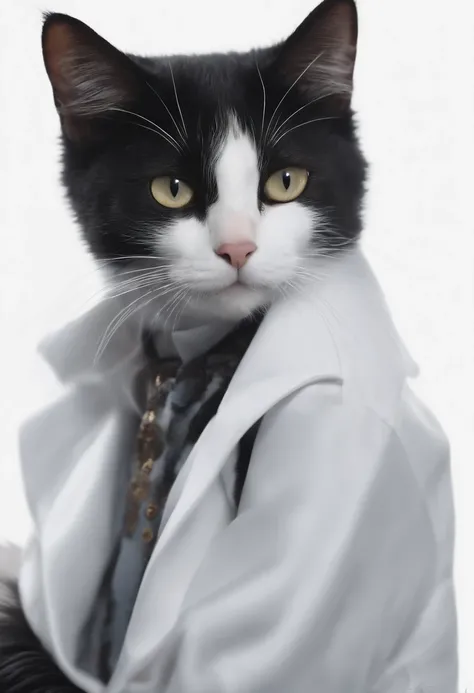 (best quality,Realistic), black hair, long and fluid, cabelo preto elegante, Tattoos on the hands , Avental branco, vet, doctors office, cercado por 4 gatos, Estilo Pixar, cores vibrantes, soft lighting