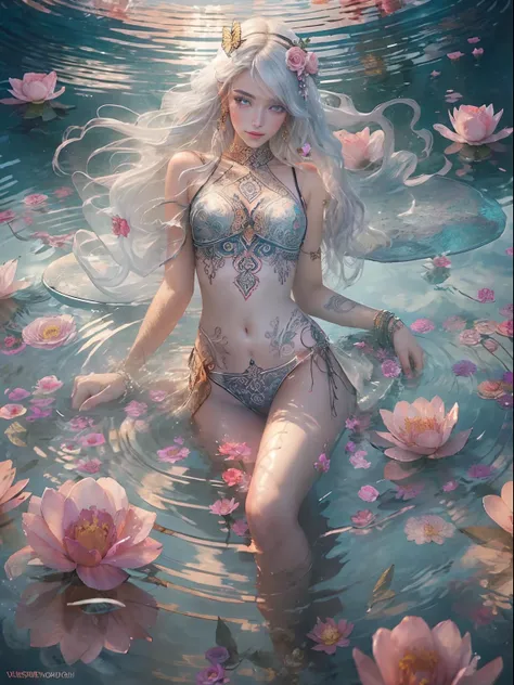 MASTERPIECE, Stunning, Spectator, reality, full body in shot, Platinum hair, long curly hair, Real water, White transparent mini shirt, Transparent white thong, bath in river pond, extremely detailed art, blush, water runs down the body, small breasts, ope...