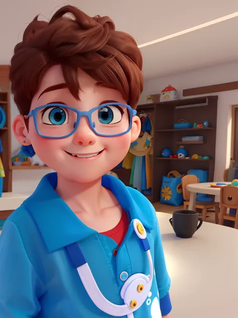 a white child, cabelos curtos, de roupa azul da Remax , estilo Disney Pixar, muito bonitinho e sorridente, com base na foto.