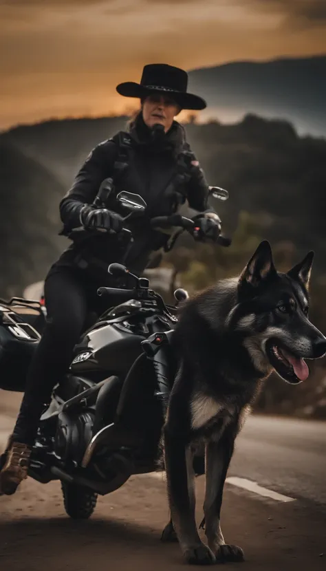 Um wolfdog monta um pavio de motocicleta，Rosto encantador，Usando armadura de batalha，Wear tactical glasses，Artilharia de metralhadora em motocicletas，Pule por uma cidade arruinada，The scene is great，Image is HD，O sentido visual do filme，4k