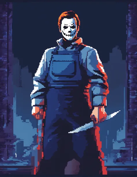 (best quality,realistic:1.37),pixelated image,Micheal Myers,iconic,blue overalls,white mask,knife blade,highlighting,focusing on Michael Myers,character,standing,sinister pose,dark background,tense atmosphere,horror theme,retro aesthetic,low resolution pix...