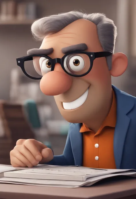 um homem, olhos castanhos, sem cabelo, com fones de ouvido, An accounting firm in the background, segurando uma calculadora, With eye Glasses, Imagem de estilo Pixar, 3D Animation Movie Style, Disney, camiseta preta