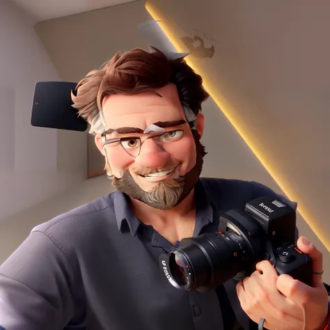 A man with a beard working in marketing with a camera in his hand, estilo Disney pixar, em alta qualidade com detalhes.