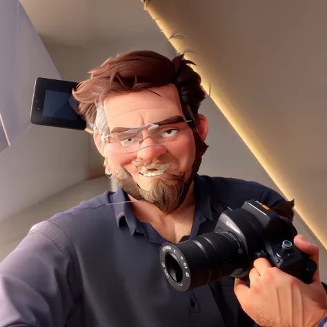 A man with a beard working in marketing with a camera in his hand, estilo Disney pixar, em alta qualidade com detalhes.