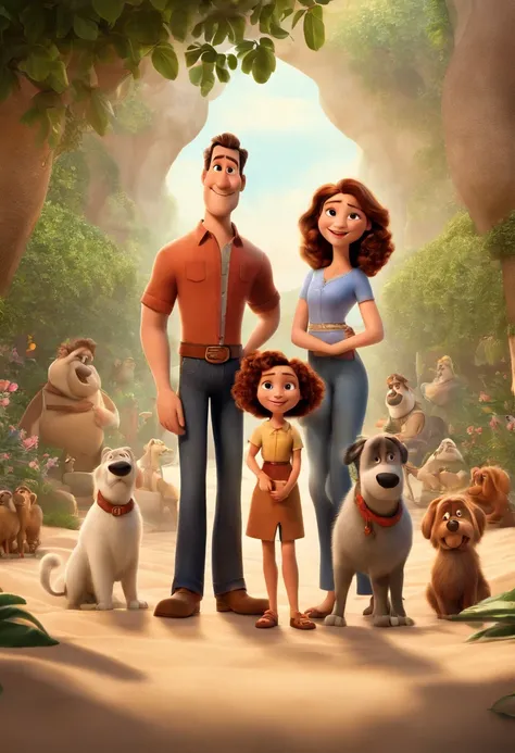 a Disney Pixar movie poster showing a white-skinned family. The father is the tallest, Tem barba curta, loiro, cabelos curtos e espinhosos. The mother has brown eyes and hair, shoulder-length and is slightly overweight. A menina tem 4 anos e cabelos castan...