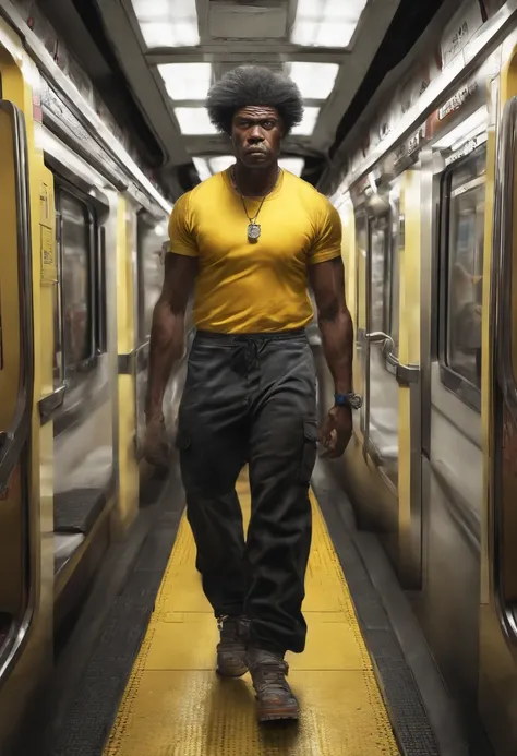 homem negro, trinta anos, um metro e setenta, com 120 kilos, sad face expression, sedentary, standingn, vestido com camiseta vermelha e bermuda amarela