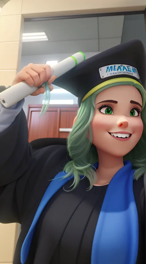 uma mulher loira, olhos verdes, dentes alinhados, estilo pixar, melhor qualidade, alta qualidade