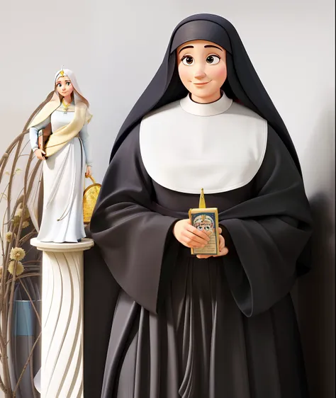 Pixar style painting of a nun holding a book and a statue, majestosa mulher de santo, inspired by Thomas Aquinas Daly, mother sarah artist, santa mulher, inspirado em Francesco Hayez, inspired by Louise Abbéma, Retrato de Lumastina Celerraria, inspirado em...