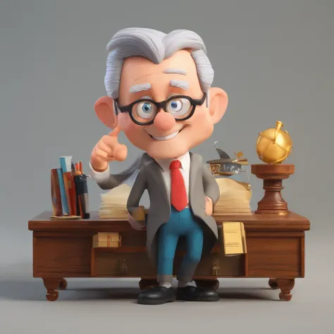 Crie um cartaz inspirado na Disney Pixar com o personagem sendo o pastor Rubens Janier, A gray-haired man wearing glasses, in an office with a Bible on the table