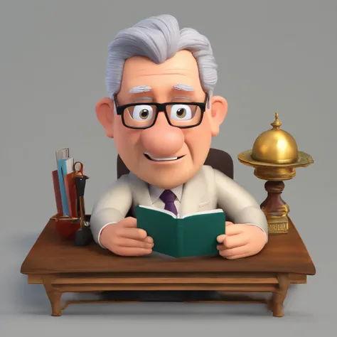 Crie um cartaz inspirado na Disney Pixar com o personagem sendo o pastor Rubens Janier, A gray-haired man wearing glasses, in an office with a Bible on the table, Looking forward and serious