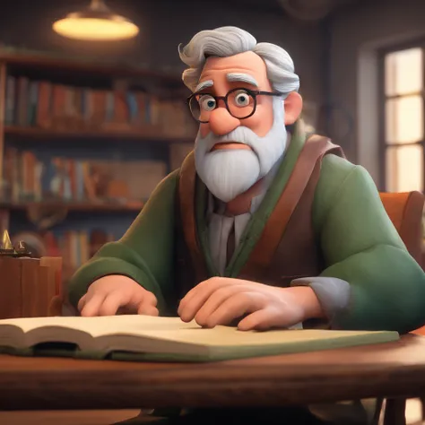 Crie um cartaz inspirado na Disney Pixar com o personagem sendo o pastor Rubens Janier, A gray-haired man wearing glasses, in an office with a Bible on the table, Looking forward and serious