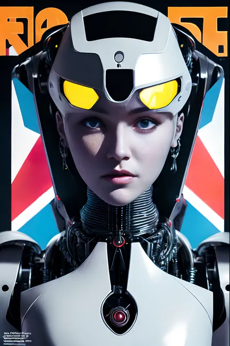 Depict face emerging from the shadows, magazine cover, poster art, robot girl, hint of vibrant