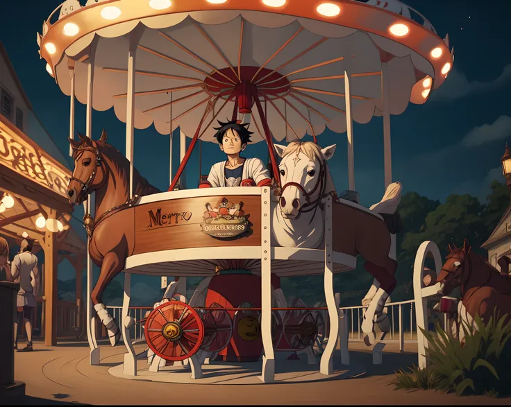 luffy with a double cup sitting on the merry go round while contemplating life