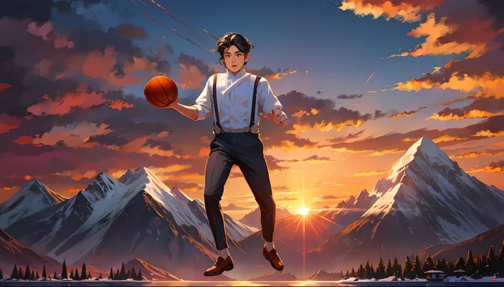 the sunset，eventide，Big Mountain，middle parted hairstyle，Suspenders，Five fingers are normal and clear，Put your feet on the ground，Two hands，Two feet，basketball ball，Boy student