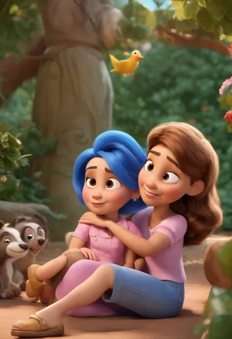 Create a Disney PIXAR-style 3D poster. ((Centro da imagem picnic, familia)), ((1 pai com 40 anos, pele clara, cabelo, olhos e barba baixa castanho medio, Sitting in the mothers embrace, 37 anos pele clara, cabelo e olhos castanho claro, cabelo liso comprim...