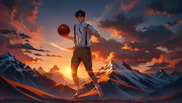 the sunset，eventide，Big Mountain，Medium short hair，Suspenders，Five fingers are normal and clear，Put your feet on the ground，Two hands，Two feet，basketball ball，Boy student