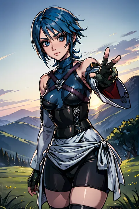 aaaqua, short hair, blue hair, blue eyes, medium breasts, turtleneck, harness, blue shirt, detached sleeves, corset, black short...